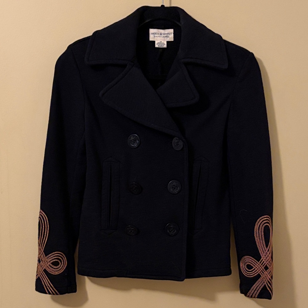 Denim & Supply Ralph Lauren Black Cotton Peacoat with Embroidered Sleeve Loops S